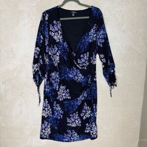 Chaps Womens 16W Blue Purple Floral Ruched Faux Wrap Jersey Dress Long Sleeve